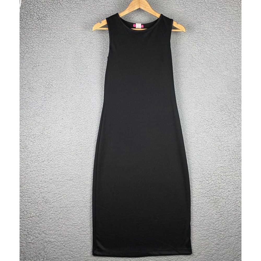 Analogy Black Midi Dress Sz L Minimalist Elegant Made in USA Sleeveless Stretch